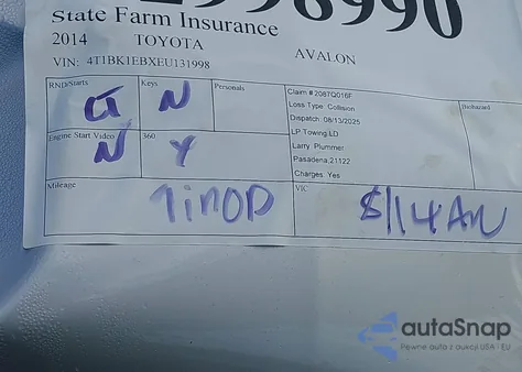 2014 Toyota Avalon Xle Touring из США, поврежденный, VIN 4T1BK1EBXEU131998